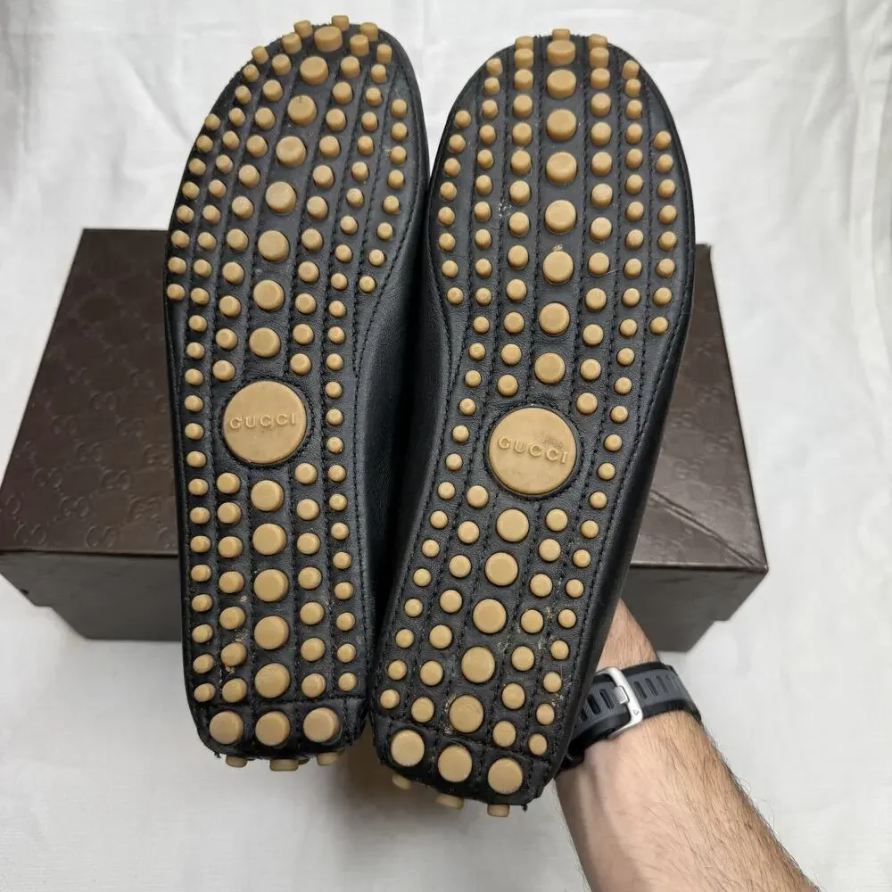 Men's GUCCI 'Miro' Web Black Leather Loafers Size US 8 - G GUCCI Driving